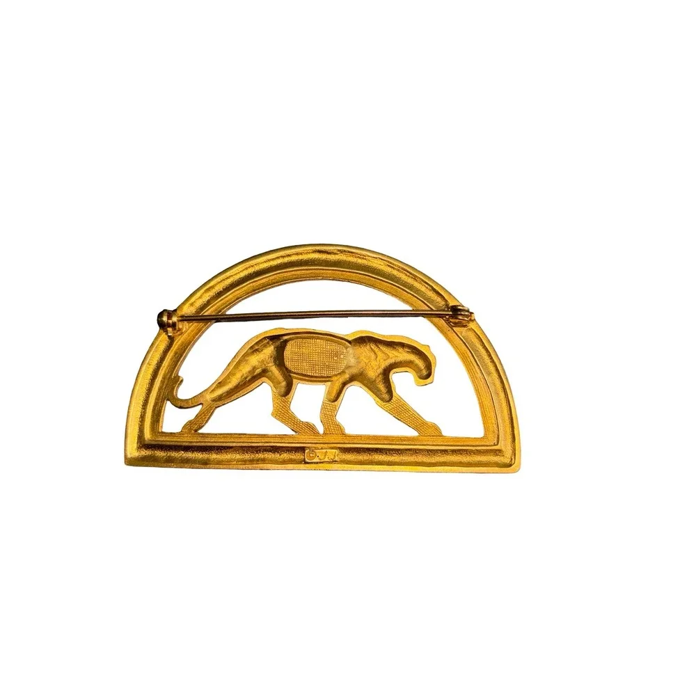 Vintage JJJ Gold Tone Panther Brooch Art Deco Style Geometric Big Cat Pin